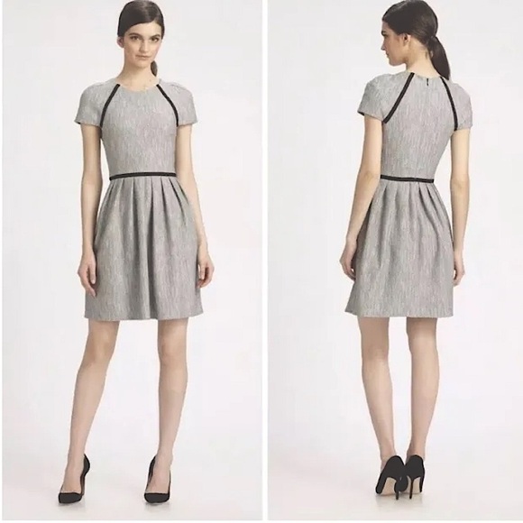 Tibi Herringbone Tweed Pleated Black Ivory Mini Cap Sleeve Dress Size 2 - Picture 1 of 14